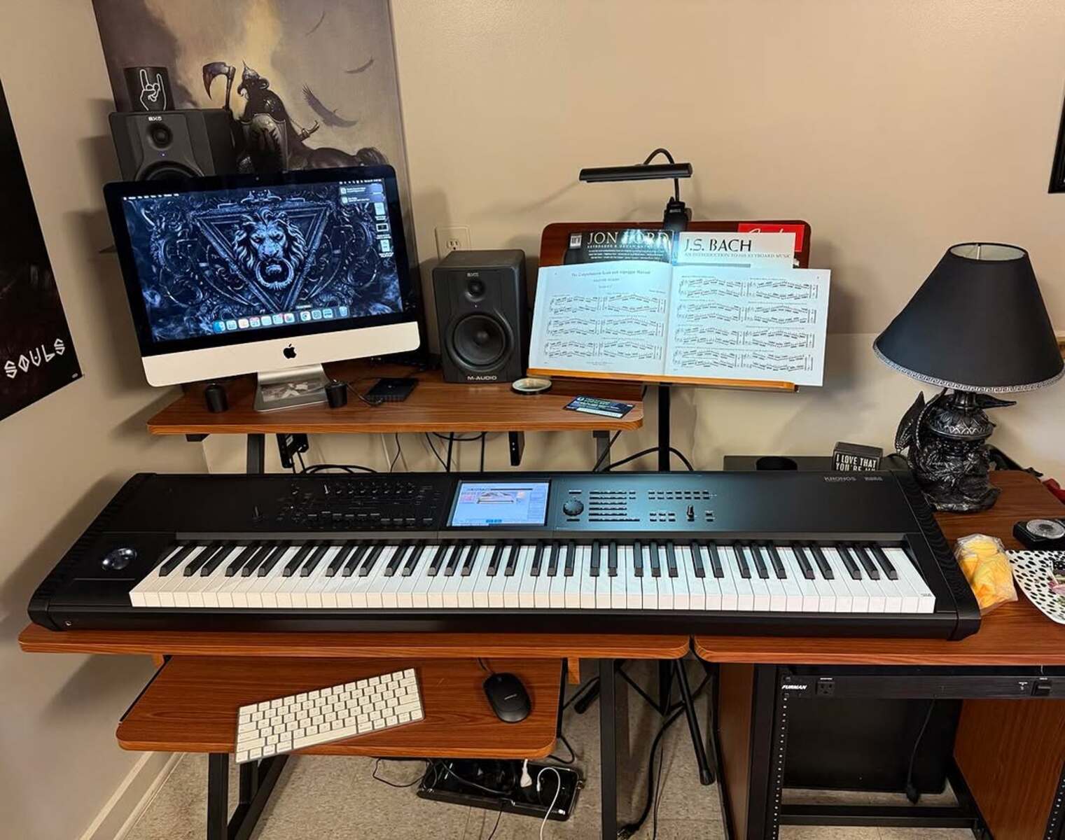 Electronic Studio Setup by highvoltage featuring Korg Kronos 3 88-key Music Workstation, Apple iMac 21.5" (Late 2015), and M-Audio BX5 D2 Active Two-Way Studio Monitor Speakers