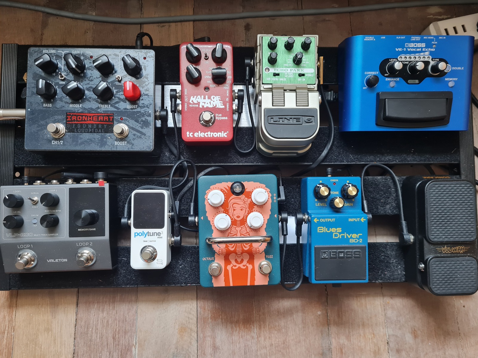 Pedalboard by pampuero featuring Sonicake VolWah, Boss BD-2 Blues Driver, and Orange Fur Coat Fuzz and 6 more pieces of gear