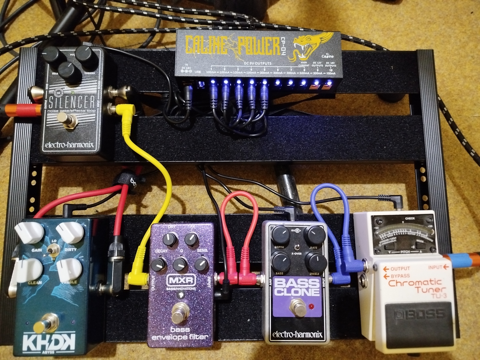 Pedalboard by orty156 featuring Boss TU-3 Chromatic Tuner, Electro-Harmonix Bass Clone, and MXR M82 Bass Envelope Filter and 4 more pieces of gear