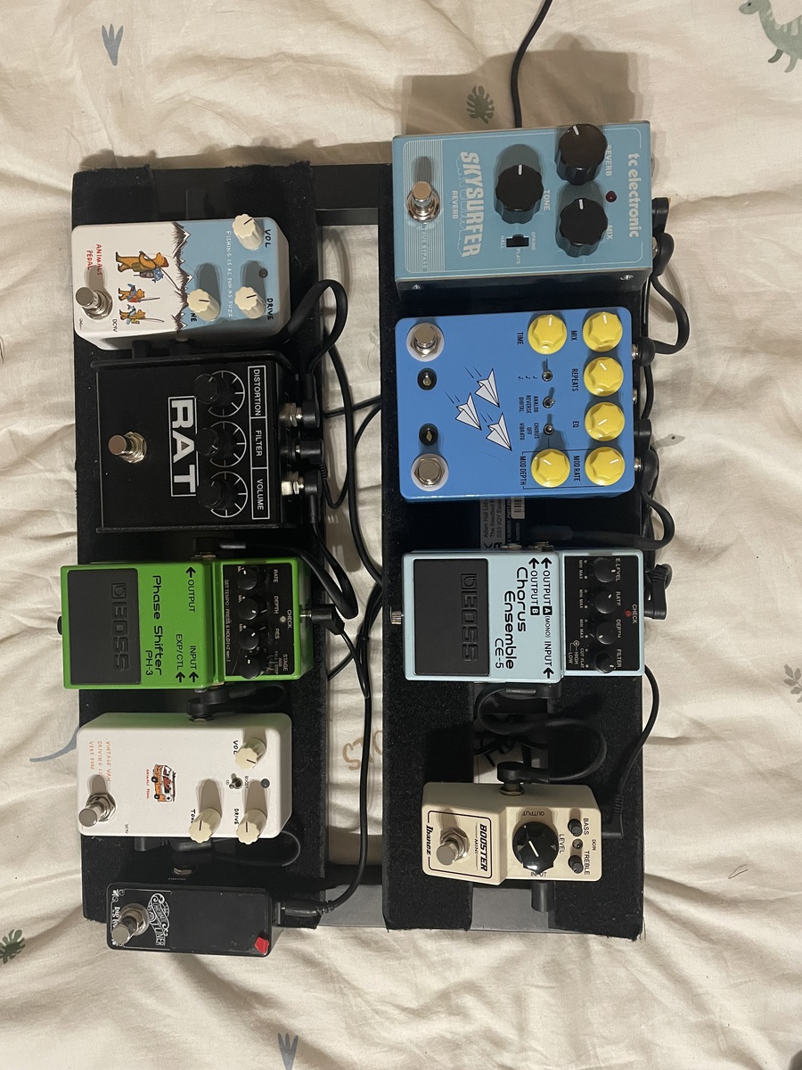Pedalboard by bearofmantra featuring JHS Flight Delay Pedal, Boss PH-3 Phase Shifter, and Ibanez Boost Mini Pedal and 5 more pieces of gear