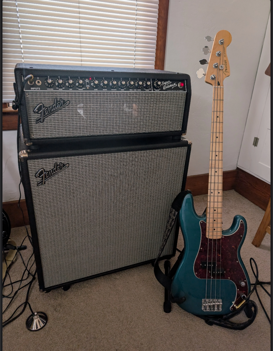 Amp Rig by sean_gauvreau featuring Fender Super Bassman Pro 300W Tube Bass Amp Head, Fender Bassman 410 Neo, and Fender Player Precision Bass