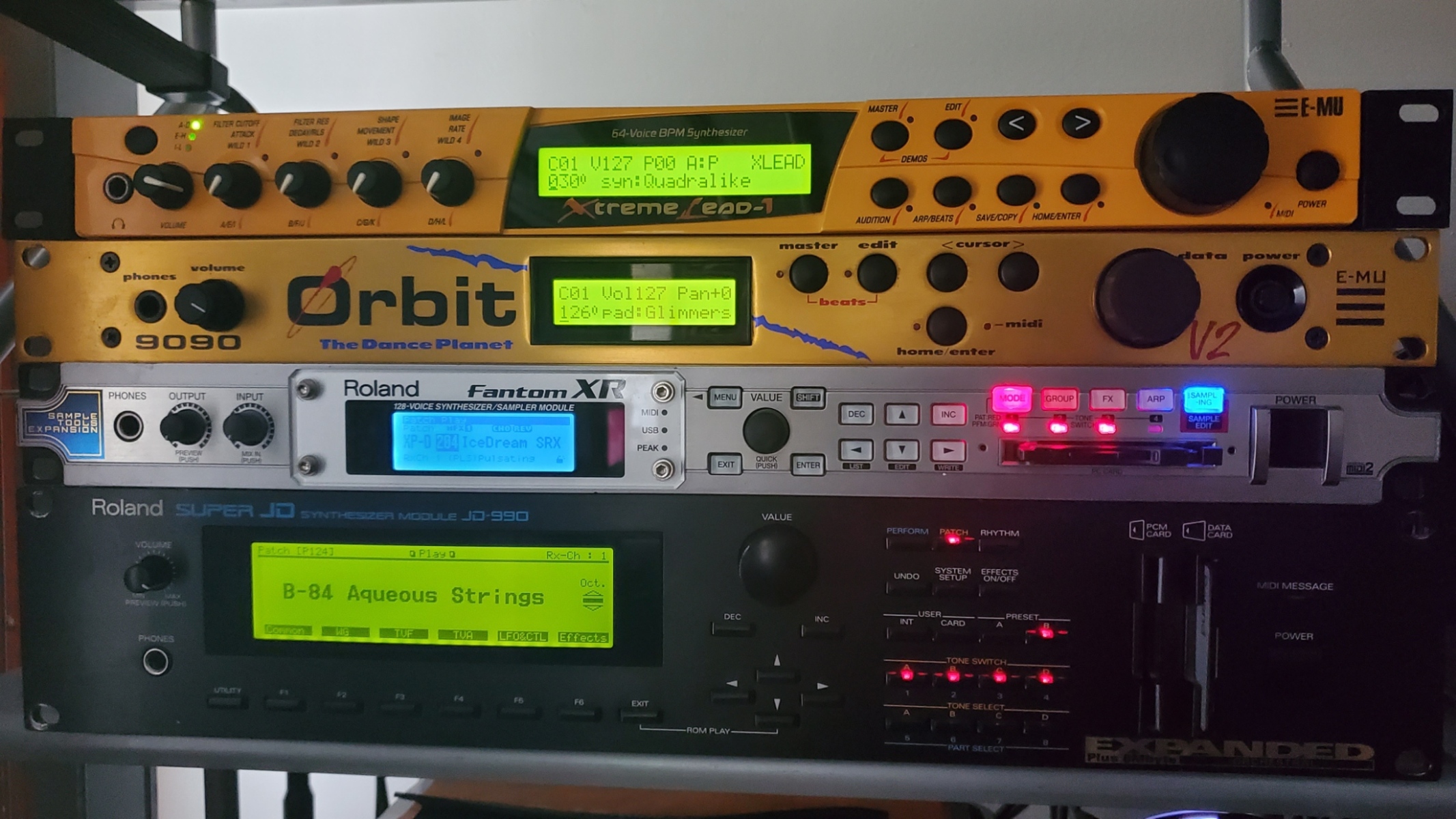 Electronic Studio Setup by orcasynth featuring E-mu Xtreme Lead-1, E-mu Orbit 9090, and Roland Fantom XR Synth Module and 1 more piece of gear