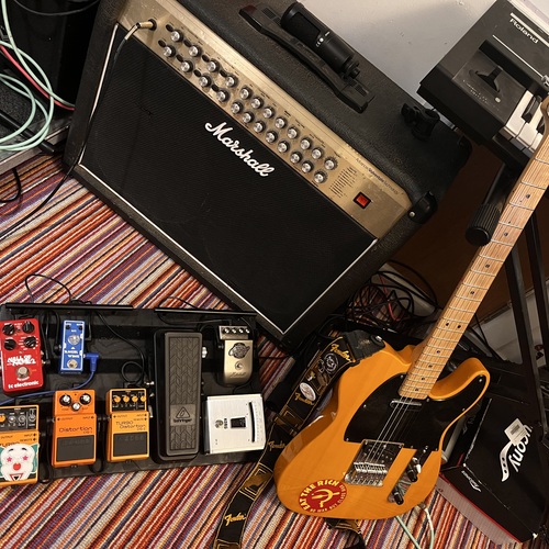 Photo of Marshall AVT275 and more gear in a pedalboard, guitar, and amplifier