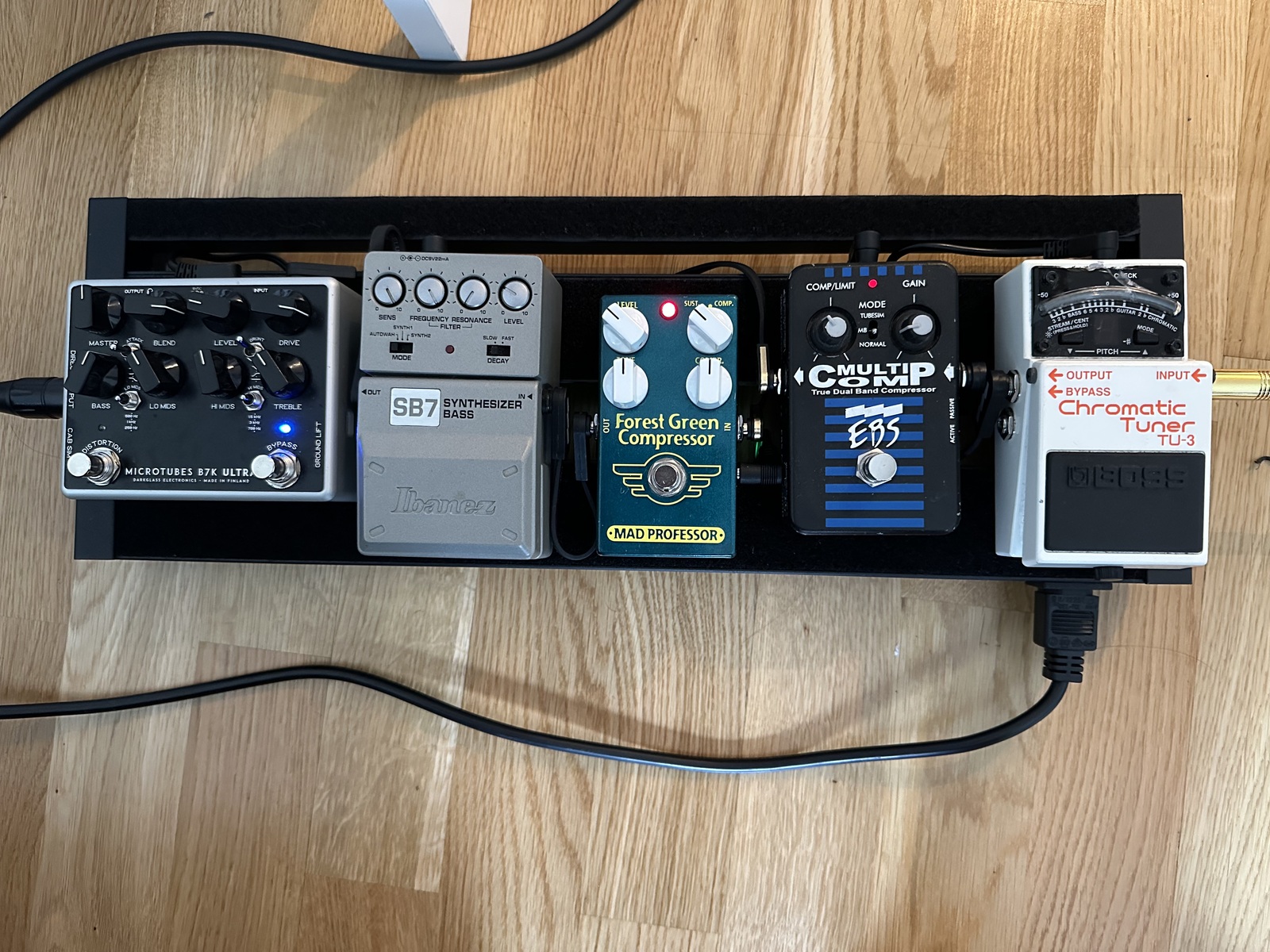 Pedalboard by abrahamzetz featuring Boss TU-3 Chromatic Tuner, EBS MultiComp True Dual Band Compressor Pedal, and Mad Professor Forest Green Compressor and 3 more pieces of gear