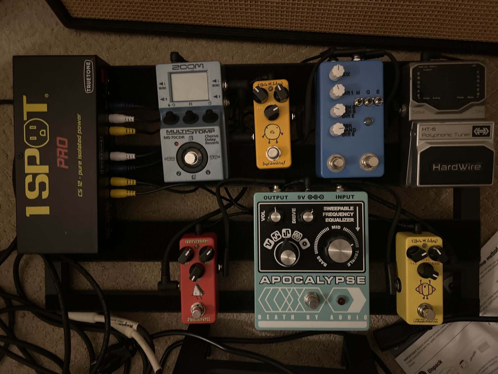 Pedalboard by nightmaracausal featuring DigiTech Hardwire HT-6 PolyChromatic Tuner, Montreal Assembly Count to Five, and Effects Bakery EB-BOD Bagel OverDrive and 5 more pieces of gear