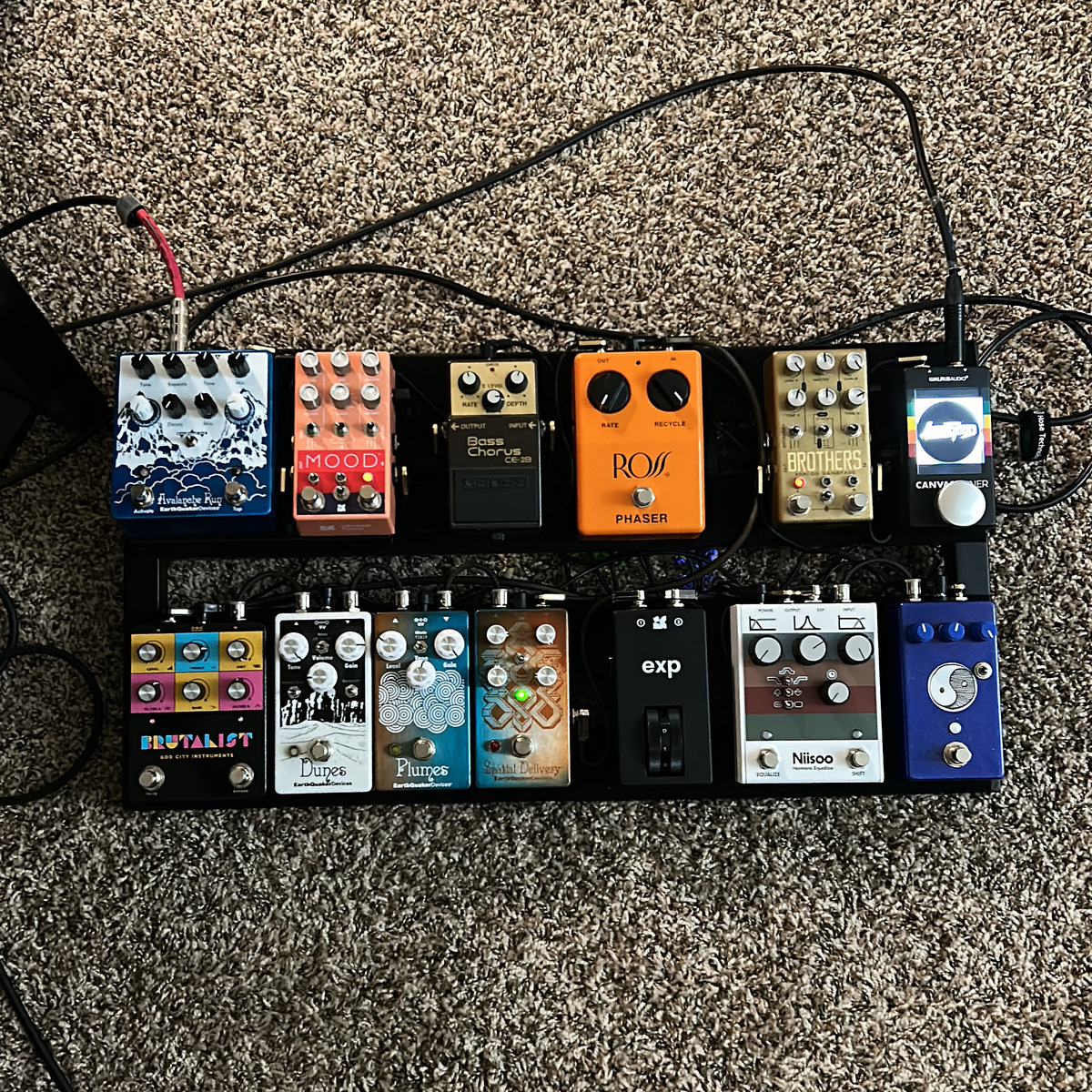 EarthQuaker Devices Pedalboard by jdshamoun featuring Walrus Audio Canvas Tuner Pedal, Chase Bliss Audio Brothers Analog Gainstage, and Ross Phaser (Reissue) and 7 more pieces of gear