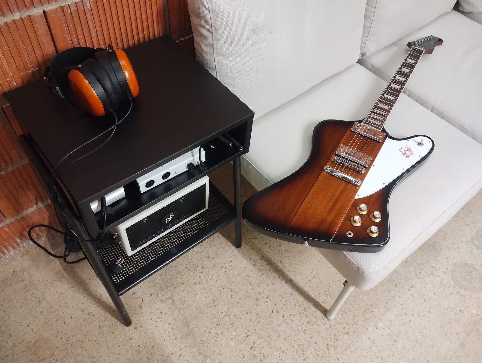 Studio Setup by sofamusician featuring Gibson Firebird Platypus Electric Guitar, Blackstar Polar 2 2-channel Guitar Interface, and Phil Jones Bass Double Four BG-75 Bass Combo Amplifier and 1 more piece of gear