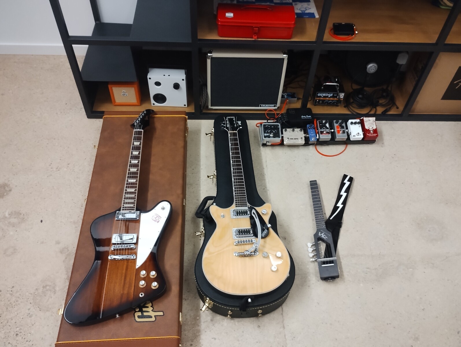 Metal Studio Setup by sofamusician featuring Gibson Firebird Platypus Electric Guitar, Gretsch G5222 Electromatic Double Jet BT With V-Stoptail, and Risa Uke Solid Tenor Limited Edition and 9 more pieces of gear
