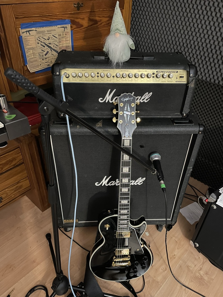 Metal Amp Rig by shamut featuring Epiphone Les Paul Custom, Marshall 1960B 4x12'' Cabinet, and Marshall Valvestate VS100 Head