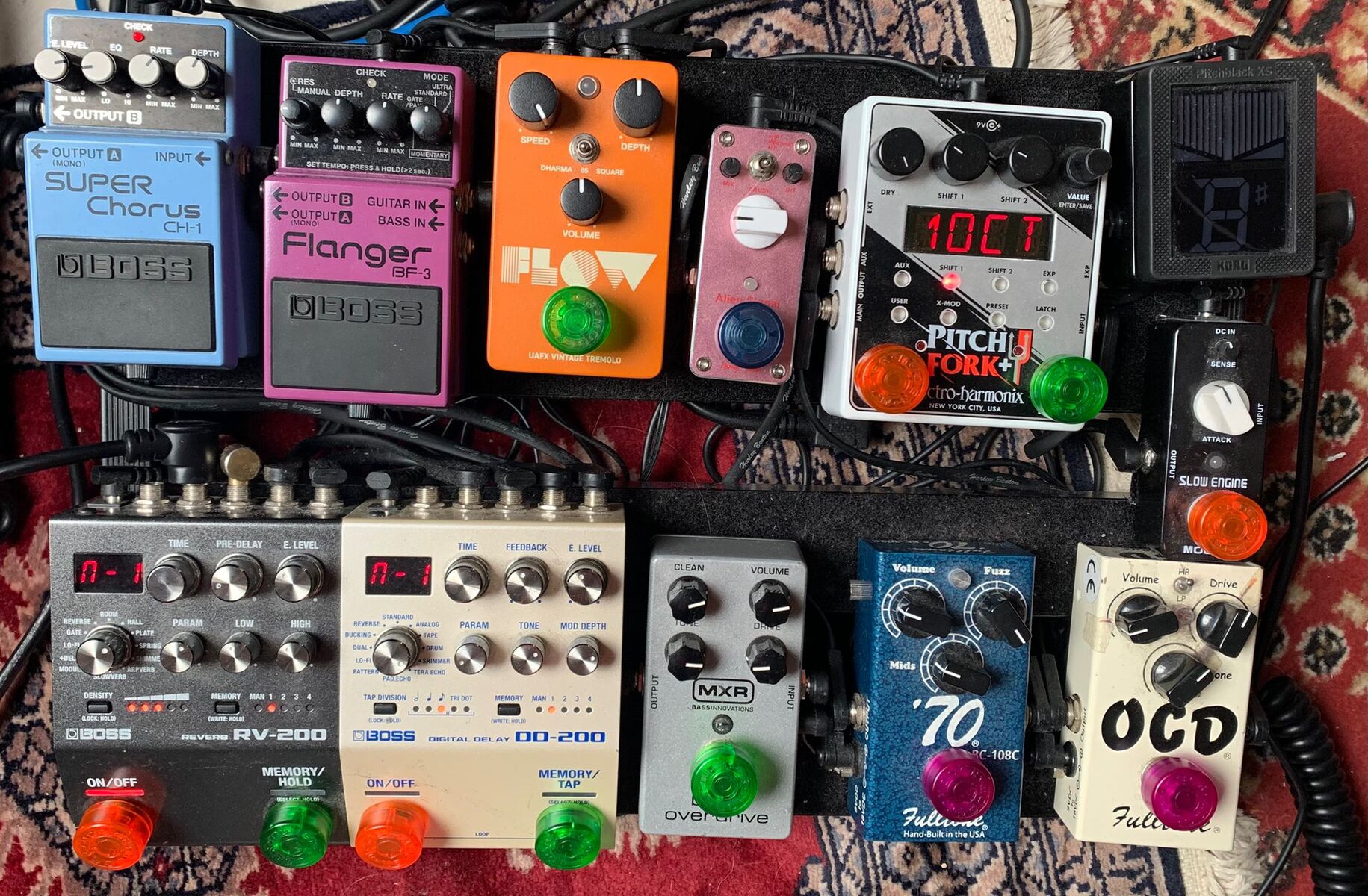 Pedalboard by wosmossel featuring Korg Pitchblack XS Custom Pedal Tuner, Mooer Slow Engine, and Electro-Harmonix Pitch Fork + and 11 more pieces of gear