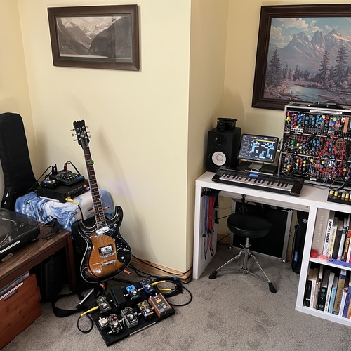 Photo of Make Noise X-Pan and more gear in a pedalboard, synths, and DAW