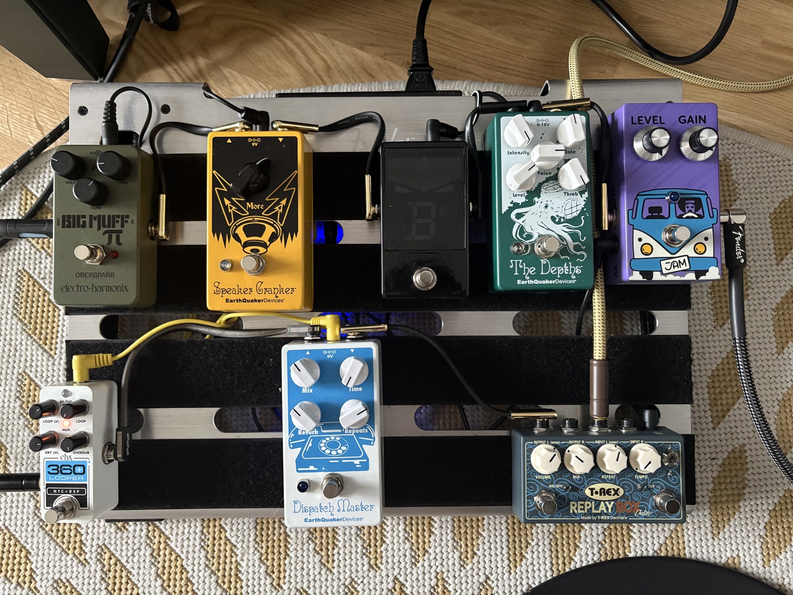 EarthQuaker Devices Pedalboard by seicean featuring JAM Pedals Fuzz Phrase Si, EarthQuaker Devices The Depths V2, and EarthQuaker Devices Speaker Cranker and 4 more pieces of gear
