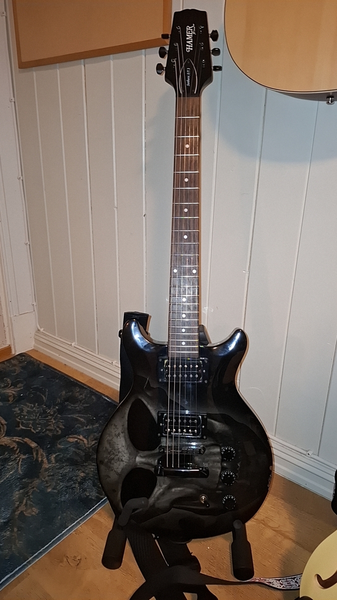 Metal Music Gear Setup by lars_gustav_larsson featuring Seymour Duncan SH-4/TB-4 JB, Hamer XT Series Skulls, and Profile SN-BK Poly Guitar Strap Black
