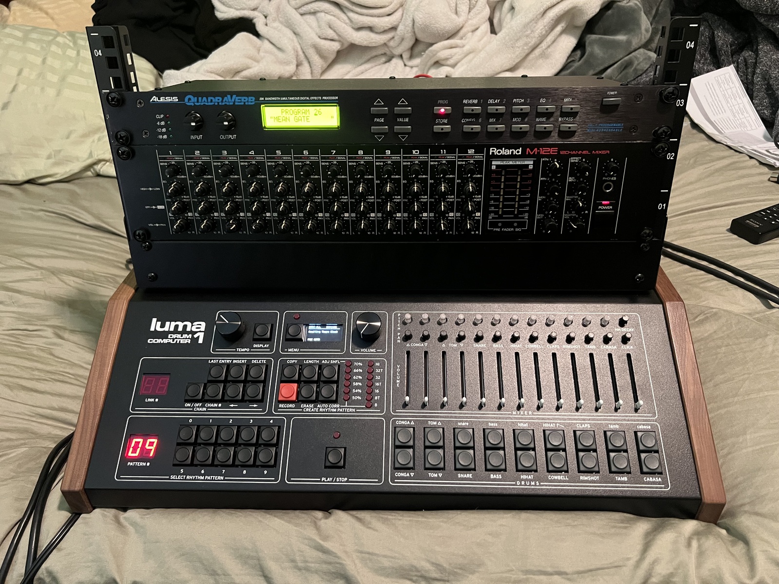 Electronic Studio Setup by artbarsnstripes featuring Alesis Quadraverb, Roland M-12E, and Linn Electronics LM-1 Drum Computer