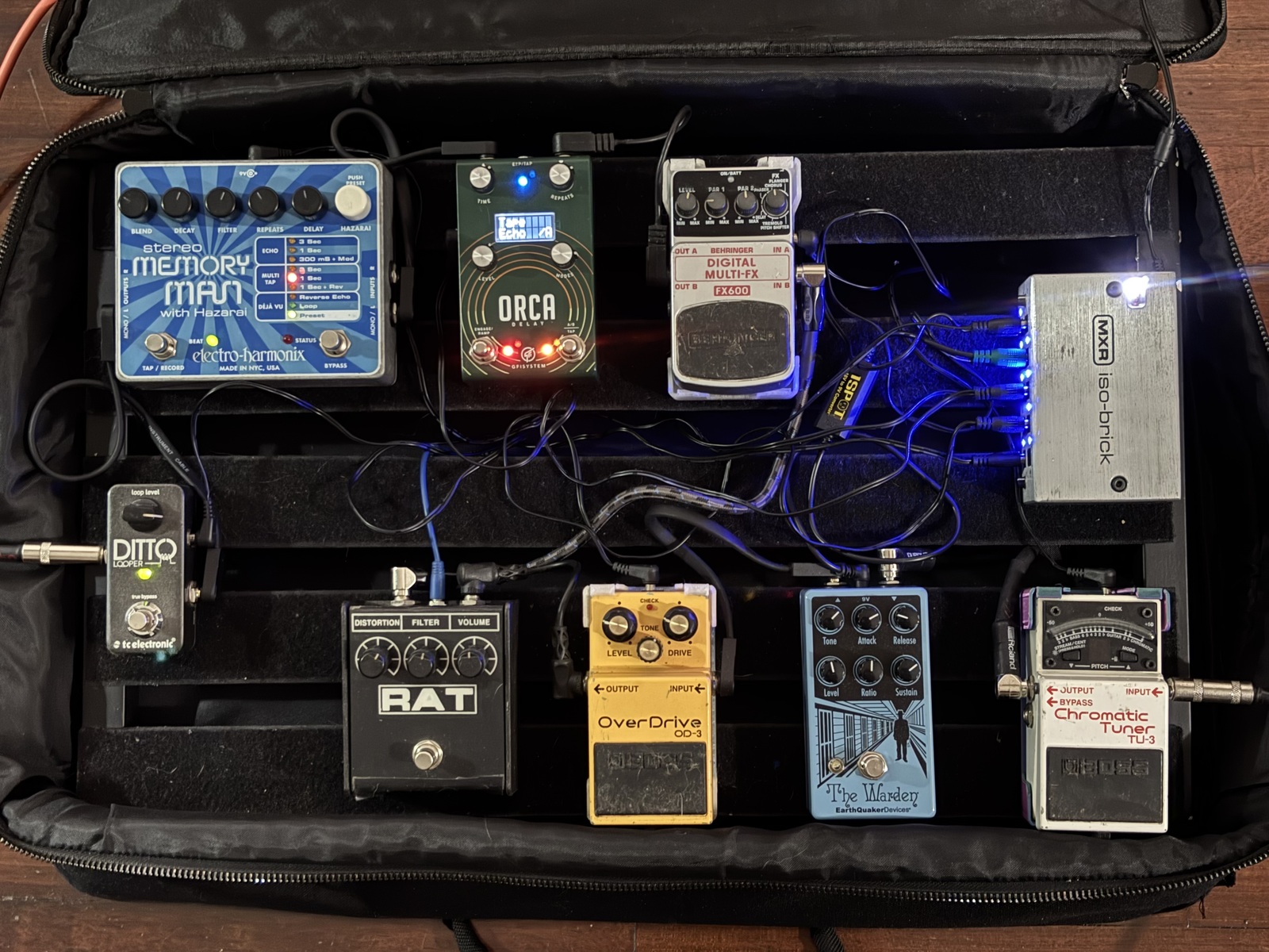 Pedalboard by mintu featuring Behringer FX600 Digital Multi-FX, GFI System Orca Delay Pedal, and Electro-Harmonix Stereo Memory Man with Hazarai and 7 more pieces of gear