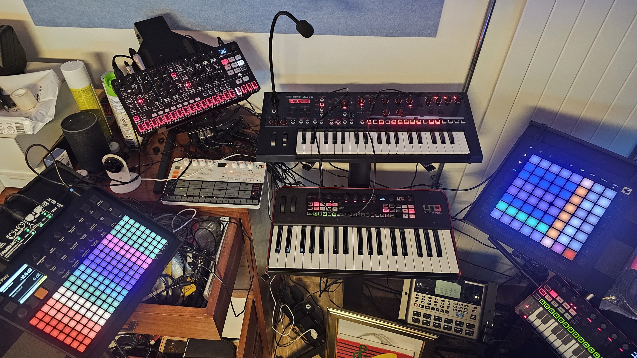 Electronic Studio Setup by luis_dj featuring IK Multimedia UNO Synth Pro 37-Key Analog Synthesizer, IK Multimedia UNO Synth Pro Desktop 32-Key Analog Synthesizer, and IK Multimedia UNO Synth Pro X Paraphonic Analog Synthesizer and 8 more pieces of gear