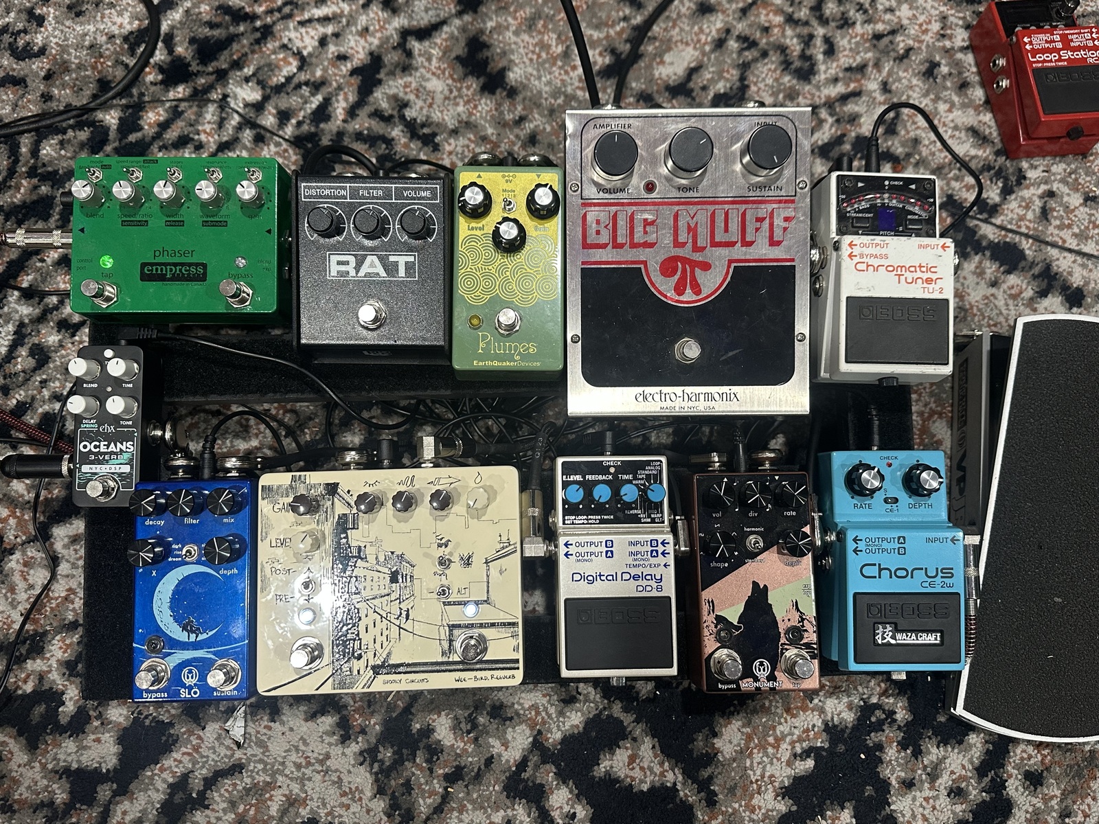 Pedalboard by jackwilliam featuring Electro-Harmonix Big Muff Pi, Spooky Circuits Wee-Bird Reeverb, and Walrus Audio Slö and 8 more pieces of gear