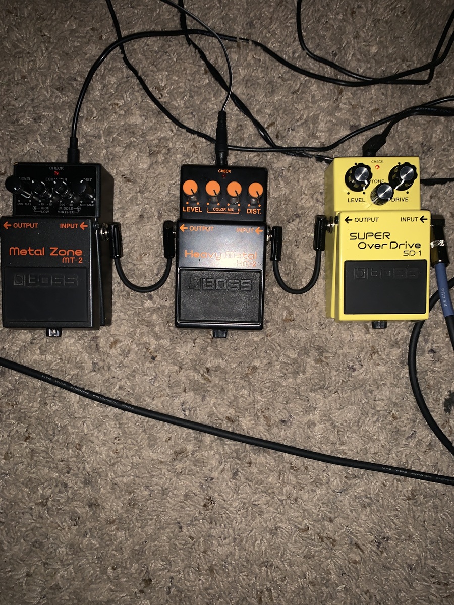 Metal Pedalboard by leper featuring Boss HM-2 Heavy Metal, Boss MT-2 Metal Zone, and Boss SD-1 Super OverDrive