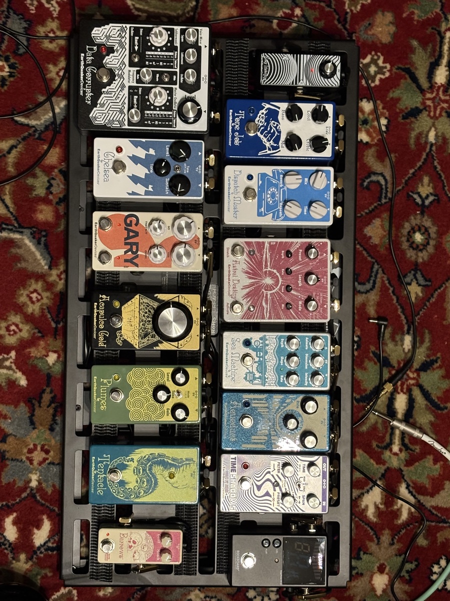 Pedalboard by luke_mackleless featuring EarthQuaker Devices / Death By Audio Time Shadows II Subharmonic Multi-Delay Resonator, EarthQuaker Devices Aqueduct, and EarthQuaker Devices Sea Machine V3 and 11 more pieces of gear