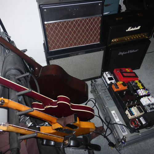 Photo of Animals Pedal Push & Pull Distortion and more gear in a pedalboard, guitar, and amplifier