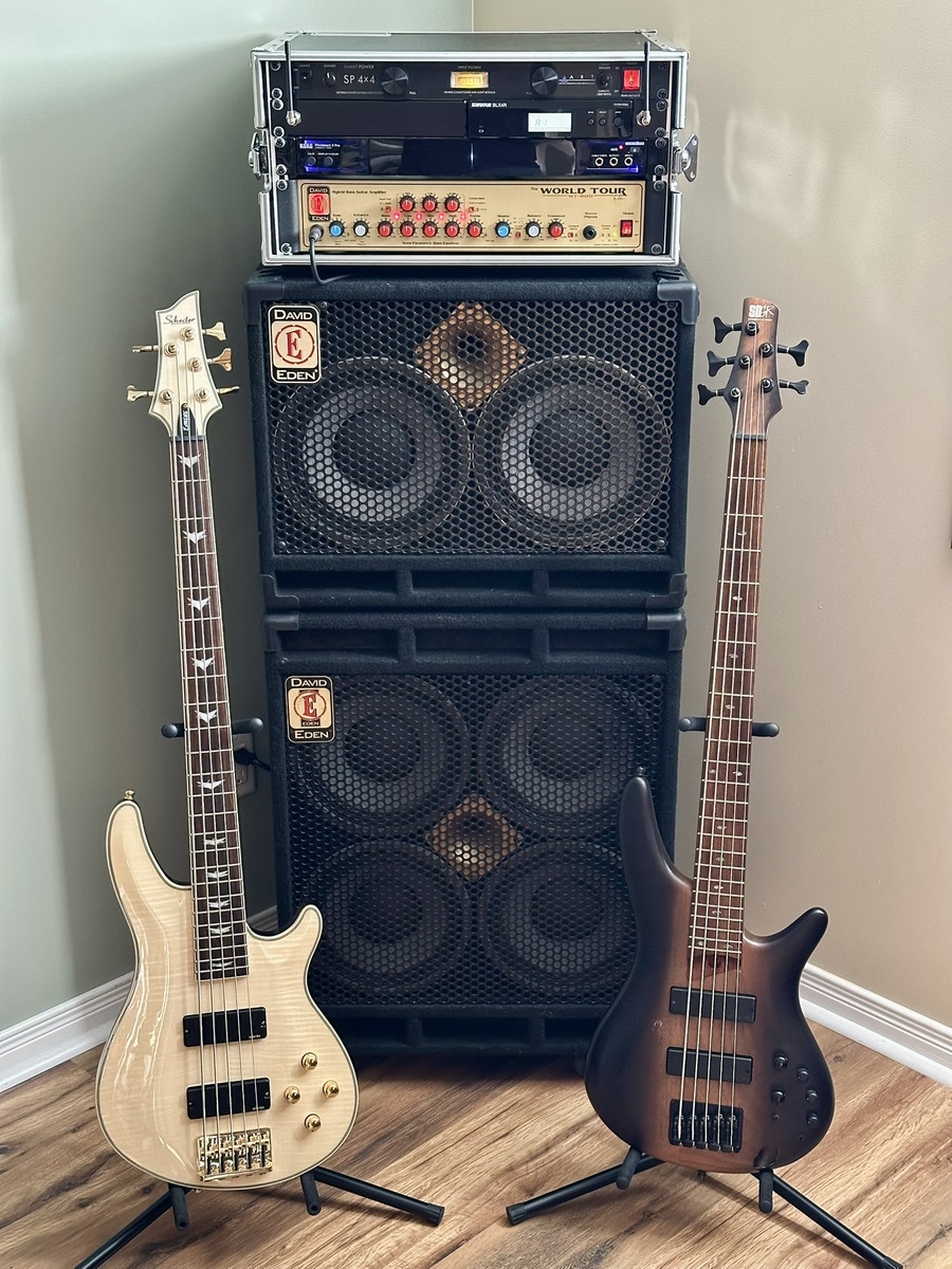 Metal Live Rig by davidjtessier featuring Schecter Guitar Research Omen Extreme 5, Ibanez SR505E 5-String Bass, and Eden Amplification WT800 and 5 more pieces of gear