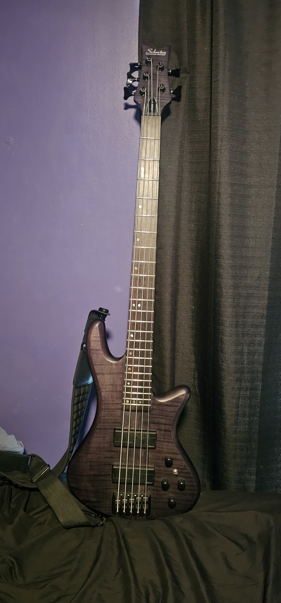 Metal Bass Rig by galactic_grape featuring Schecter Stiletto Studio-5, Fishman Fluence Legacy Series Mike Inez 5-string Bass Pickup Set, and Ernie Ball 2738 Power Slinky Cobalt Electric Bass Guitar Strings - .050-.135 5-string and 2 more pieces of gear