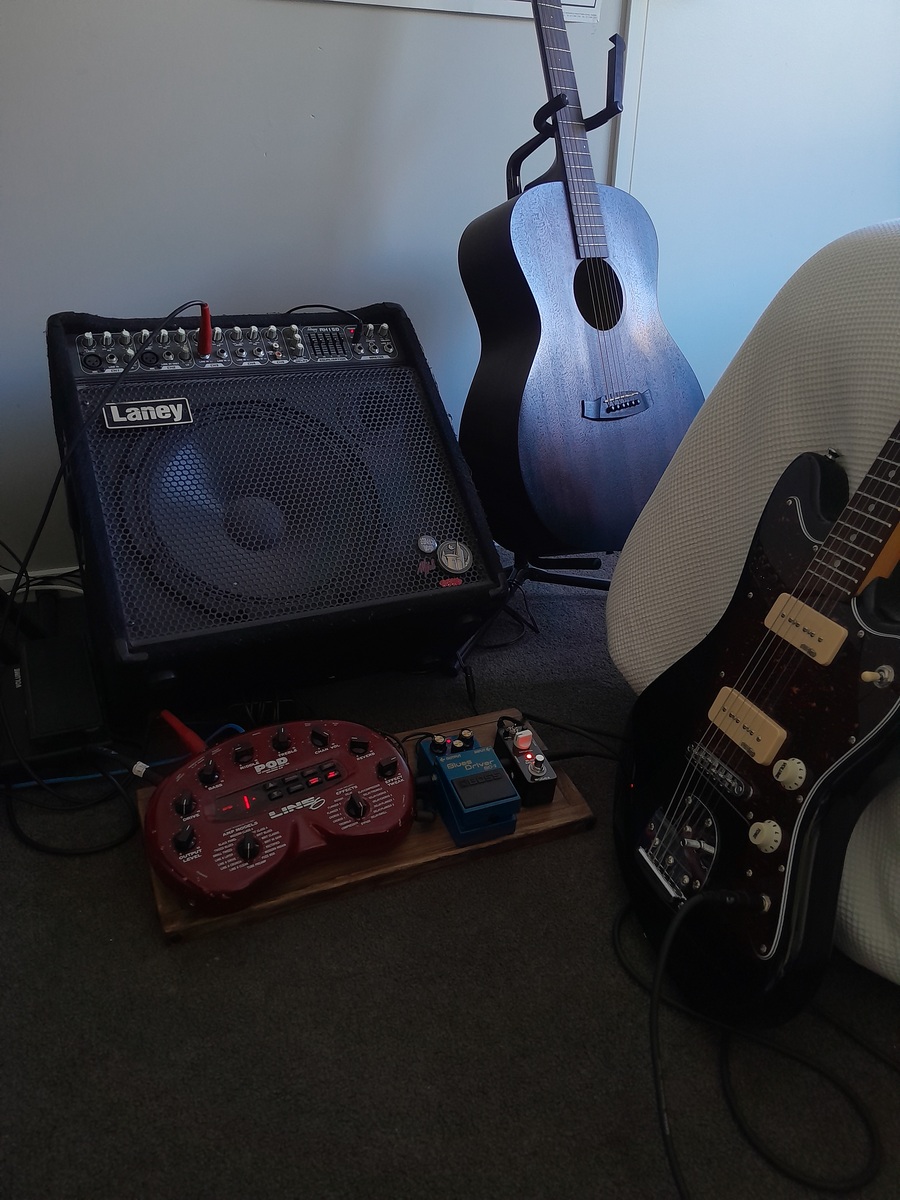 Pedalboard by cable_b featuring Laney Audiohub Combo AH150 150-Watt 1x12" 5-Channel Keyboard Amp / Mixer, Line 6 POD 2.0 Guitar Multi Effects Processor, and Boss BD-2 Blues Driver and 2 more pieces of gear