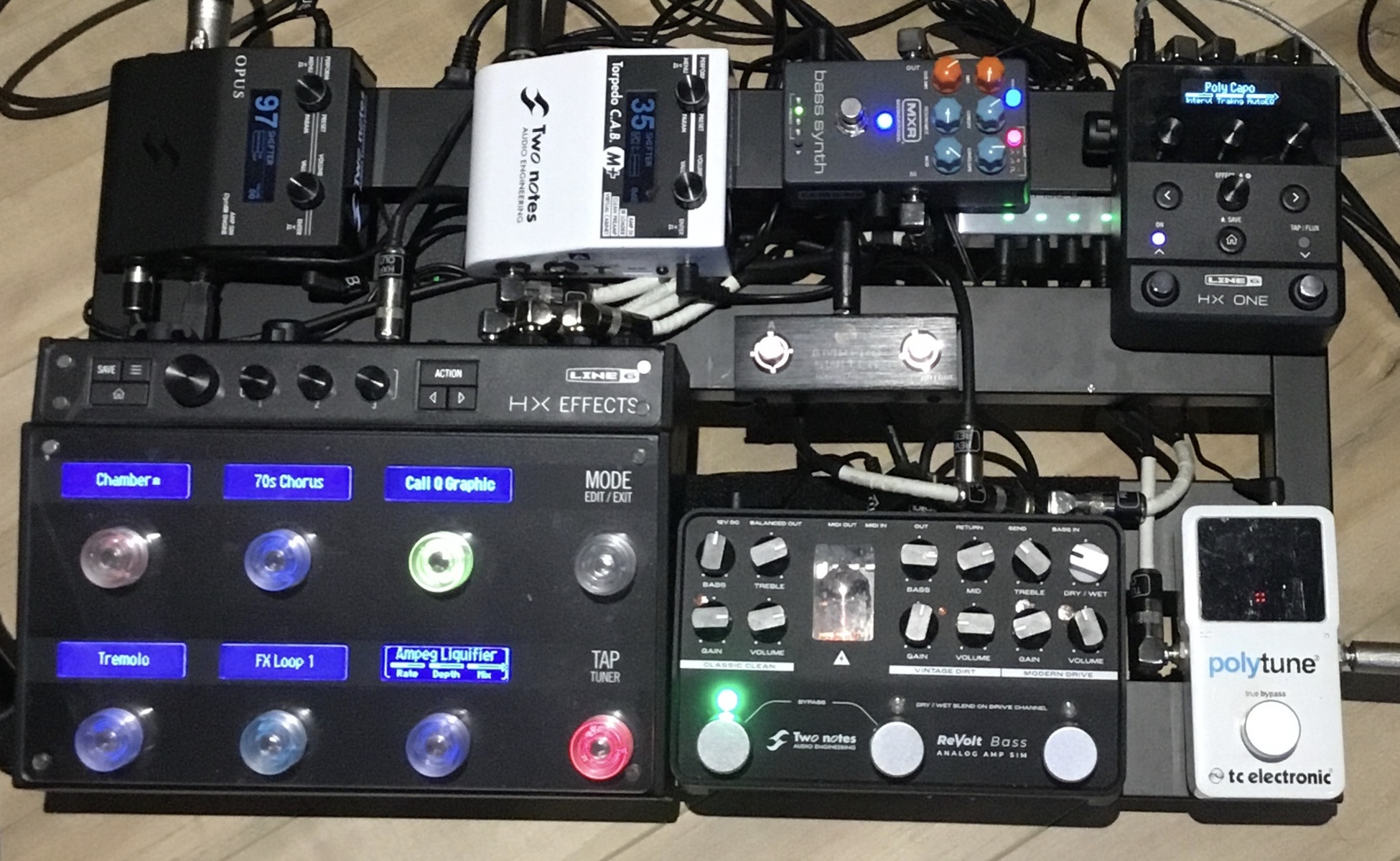 Metal Pedalboard by shifter_bass featuring Two Notes Torpedo C.A.B. M, Two Notes Opus Amp Simulator and DynIR Engine Pedal, and Line 6 HX Effects Guitar Multi-effects Floor Processor and 6 more pieces of gear