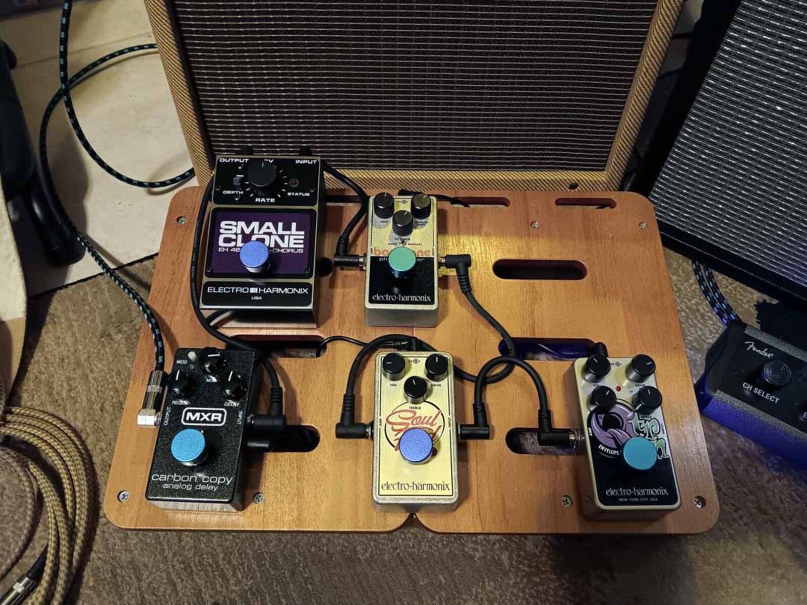 Metal Pedalboard by jeremy_crockett featuring Electro-Harmonix Bad Stone Nano, MXR M169 Carbon Copy, and Electro-Harmonix EH-4600 Small Clone and 2 more pieces of gear