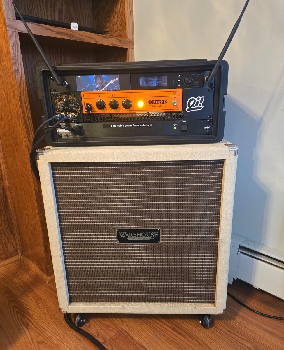 Metal Amp Rig by polarbear925 featuring SKB Roto-Molded 4U Shallow Rack, Furman M-8X2, and Orange Pedal Baby 100 and 3 more pieces of gear