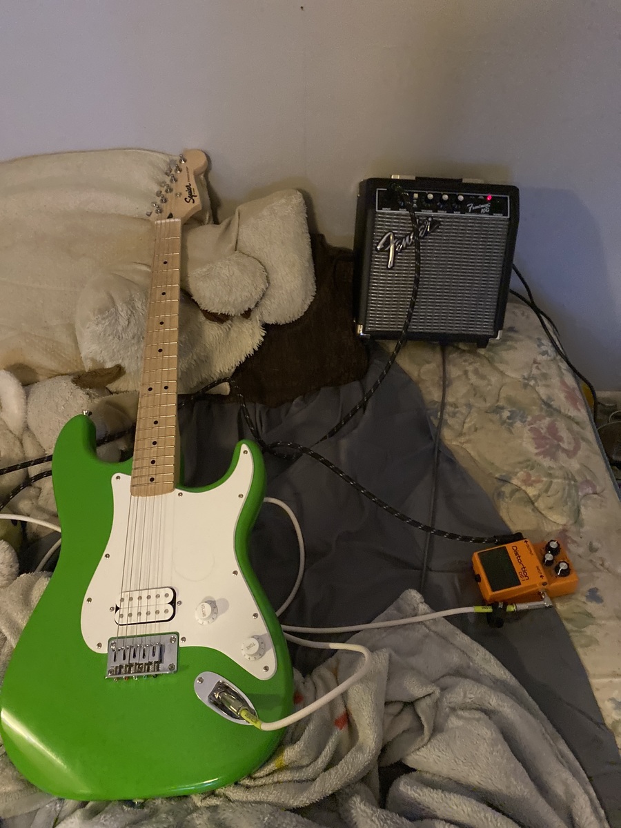 Pedalboard by semi_truck featuring Squier Sonic Stratocaster HSS Electric Guitar, Boss DS-1 Distortion, and Fender Frontman 10G and 3 more pieces of gear