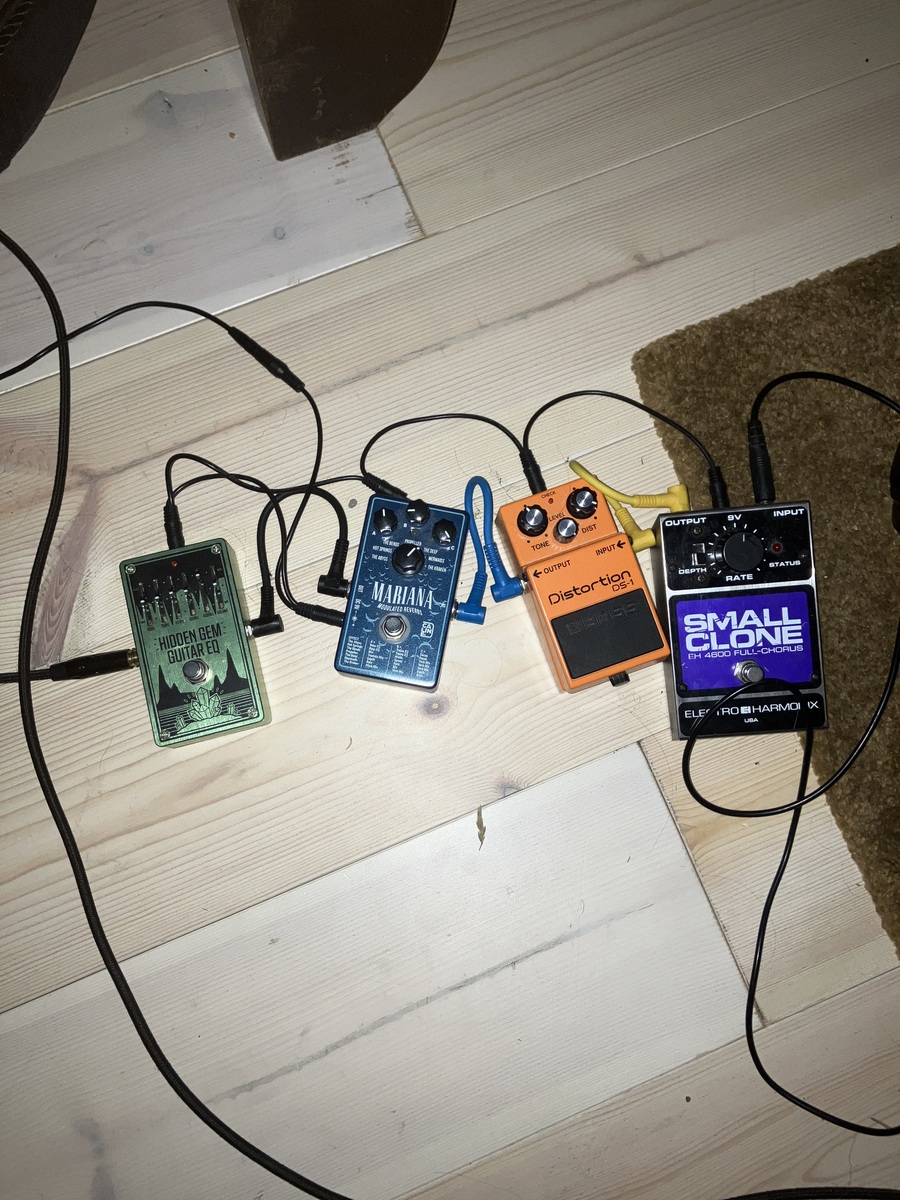 Pedalboard by wendell featuring Electro-Harmonix EH-4600 Small Clone, Caline CP-507 Mariana Modulated Reverbs, and Boss DS-1 Distortion