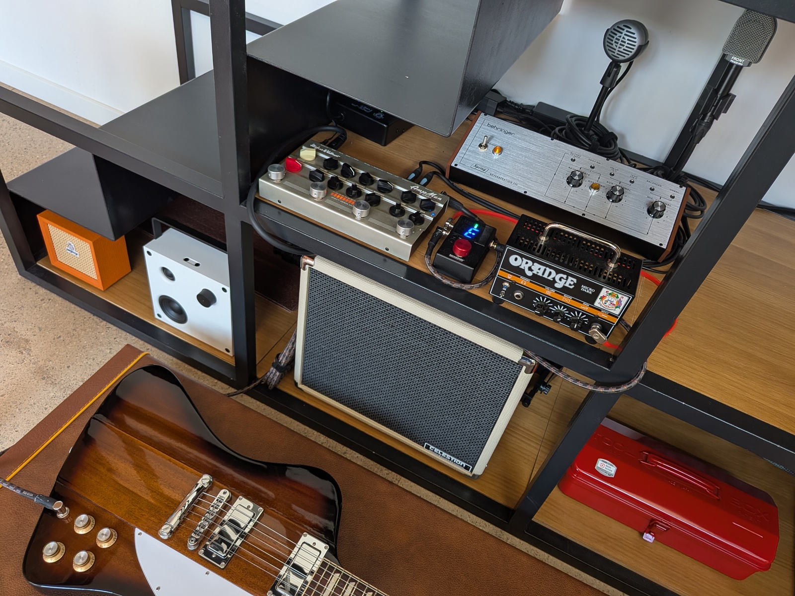 Metal Amp Rig by sofamusician featuring Hughes & Kettner AmpMan Classic 50-watt Guitar Amplifier Pedal, Behringer Spring Reverberation 646 Spring Reverb Module, and Harley Benton G110 Celestion and 8 more pieces of gear