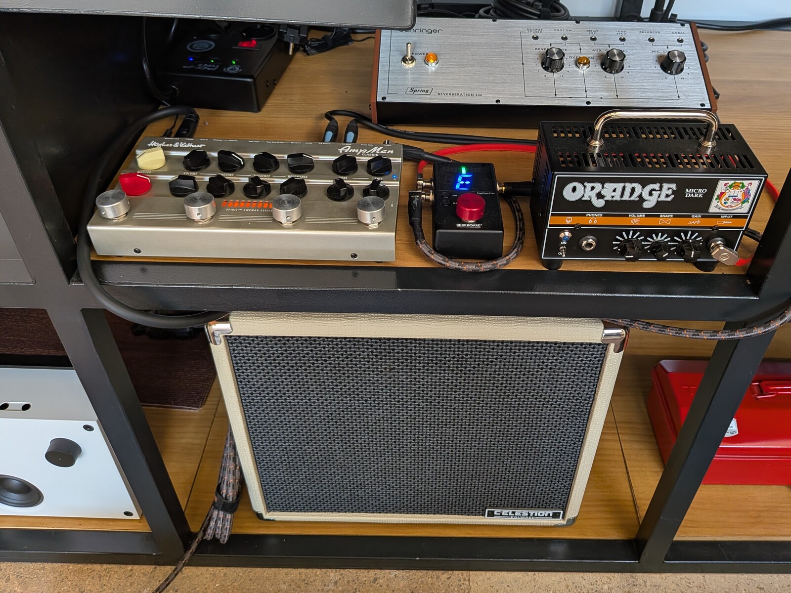 Metal Amp Rig by sofamusician featuring Hughes & Kettner AmpMan Classic 50-watt Guitar Amplifier Pedal, Behringer Spring Reverberation 646 Spring Reverb Module, and Harley Benton G110 Celestion and 3 more pieces of gear
