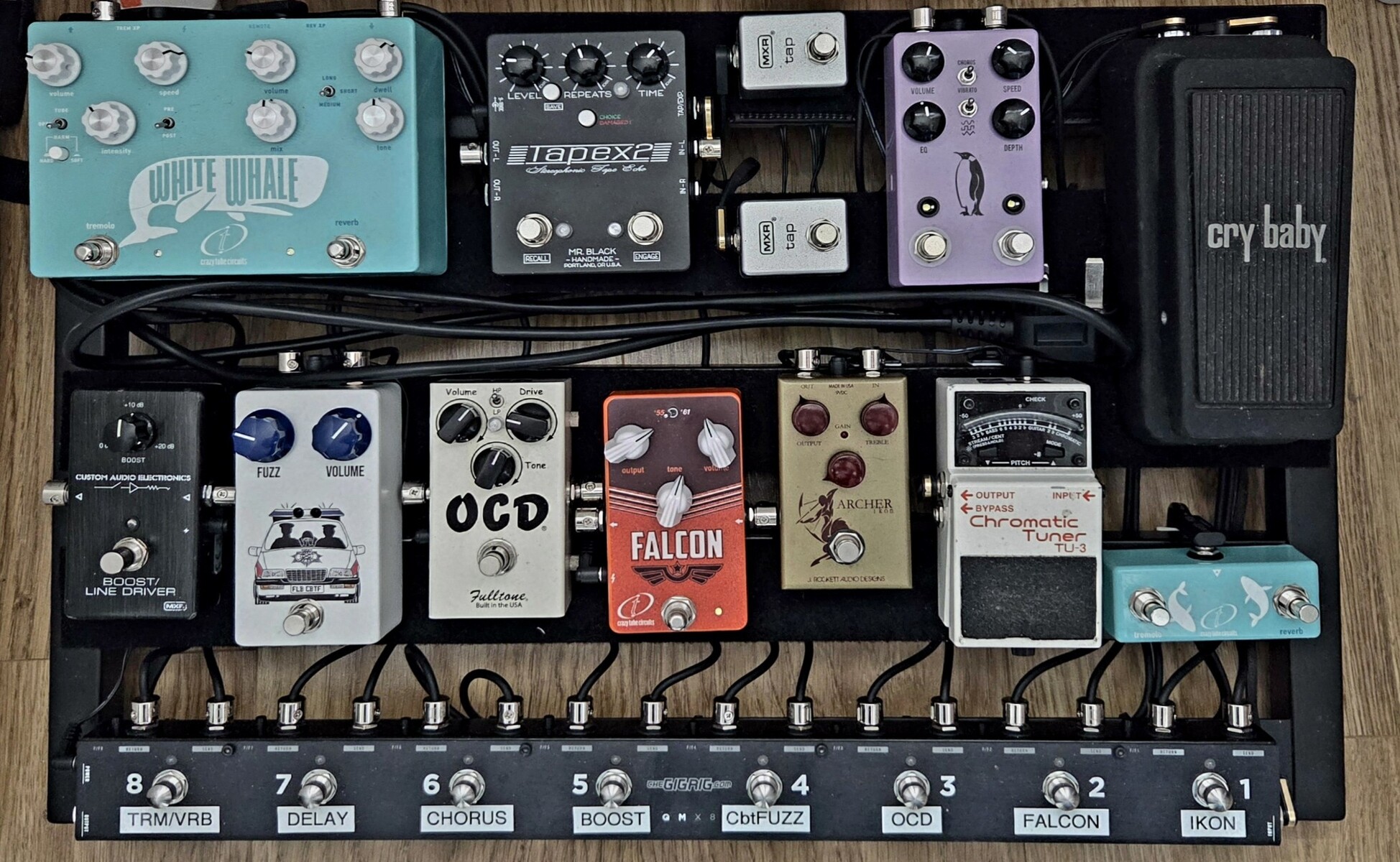 Pedalboard by neilltupman featuring Crazy Tube Circuits White Whale V2, Mr. Black Tapex 2 Stereophonic Tape Echo, and MXR Tap Tempo Switch M199 and 9 more pieces of gear