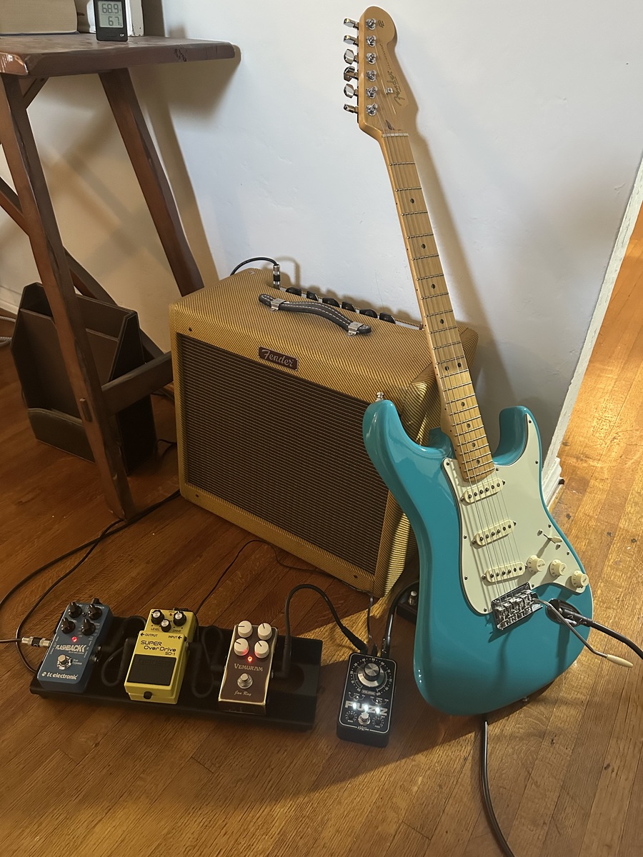 Metal Pedalboard by edgedancer featuring Fender American Professional II Stratocaster, King Tone MiniFuzz V2, and Vemuram Jan Ray and 3 more pieces of gear