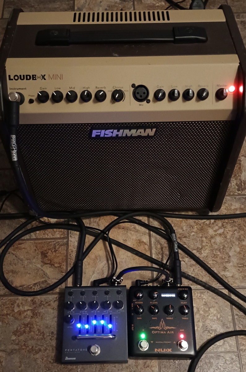 Pedalboard by acoustic777 featuring Fishman Loudbox Mini, Ibanez PTEQ Penatone 5-band Parametric EQ Pedal, and Nux Optima Air NAI 5