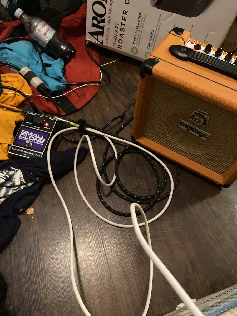 Music Gear Setup by semi_truck featuring Orange Crush 12, Squier Sonic Stratocaster HSS Electric Guitar, and Electro-Harmonix EH-4600 Small Clone and 2 more pieces of gear