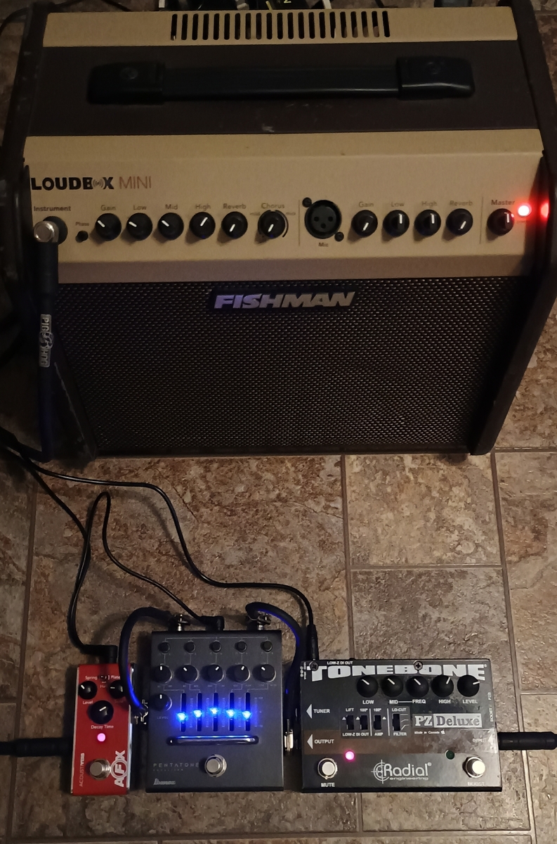 Fishman Pedalboard by acoustic777 featuring Fishman Loudbox Mini, Fishman AFX AcoustiVerb Mini, and Ibanez PTEQ Penatone 5-band Parametric EQ Pedal and 1 more piece of gear