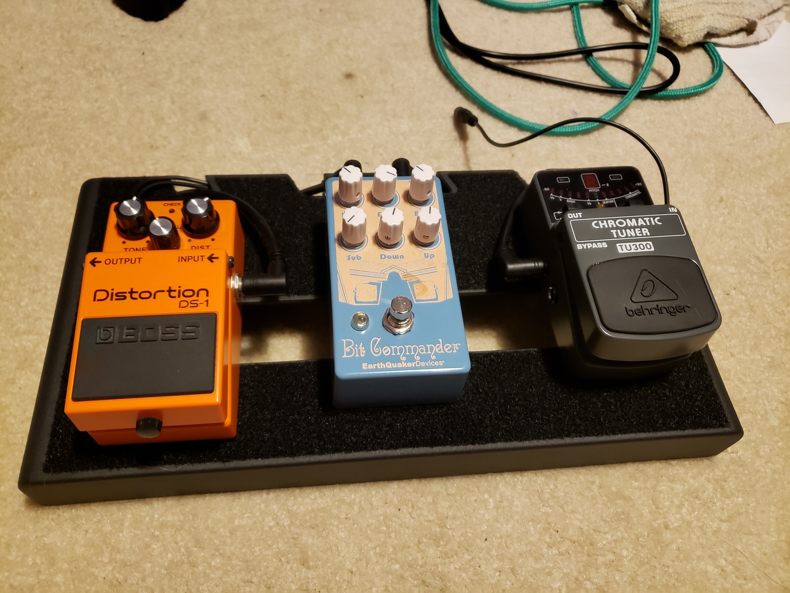 Pedalboard by kylee_brielle featuring Boss DS-1 Distortion, EarthQuaker Devices Bit Commander, and Behringer TU300 Chromatic Tuner
