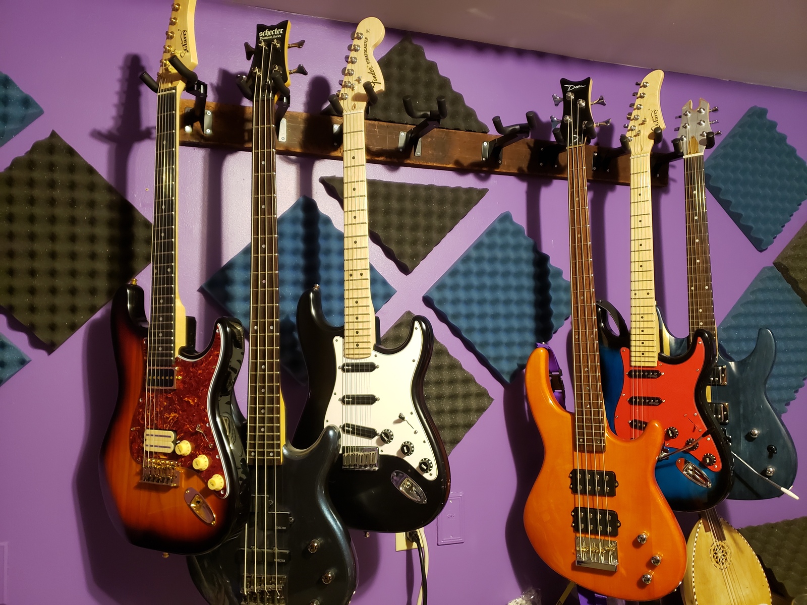 Studio Setup by kylee_brielle featuring Fender Billy Corgan Stratocaster, Dean Edge 1, and Schecter Raiden Deluxe 4
