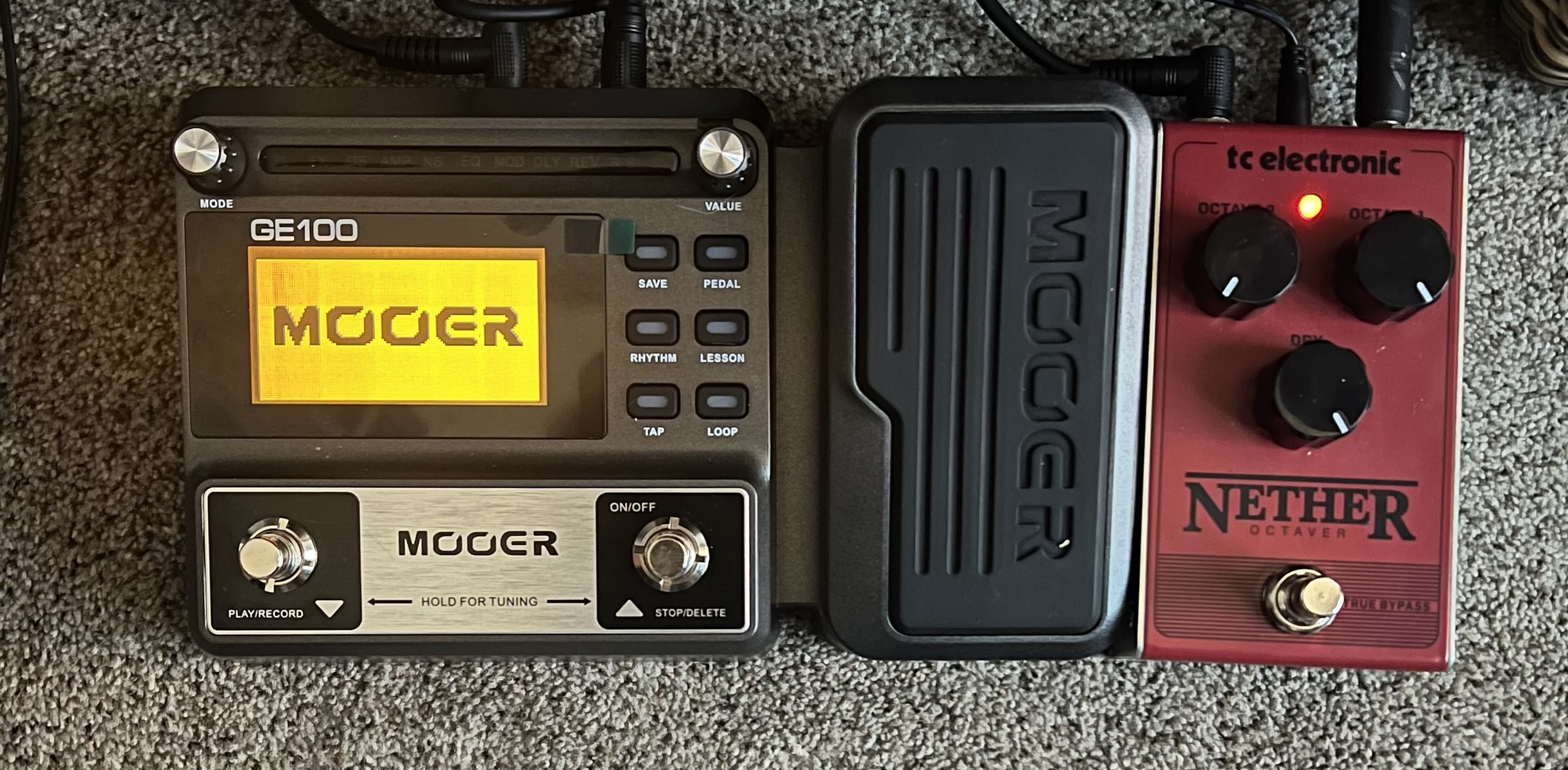 Pedalboard by owenwatson featuring Mooer GE100, TC Electronic Nether Octaver, and Fender 0990820025 Professional Series Straight to Right Angle Instrument Cable - 10 foot Black