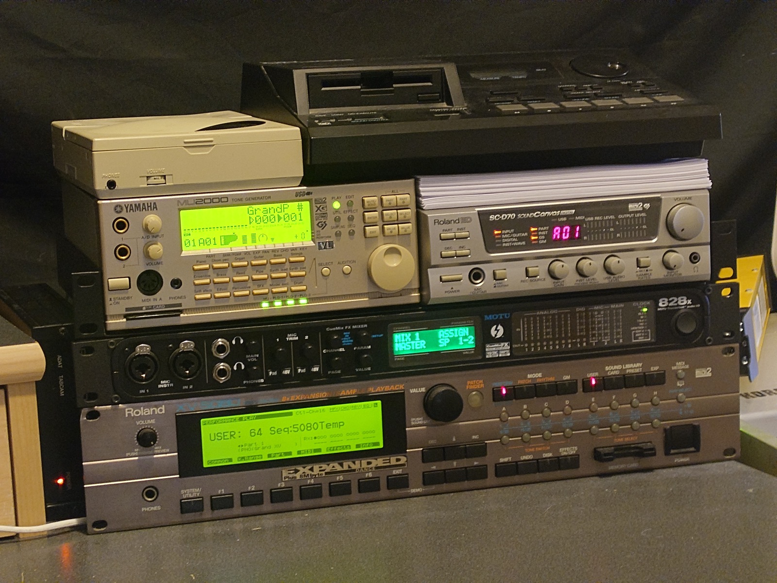 Electronic Studio Setup by mimidia featuring Roland MT-100, Yamaha MU2000, and MOTU 828x and 2 more pieces of gear