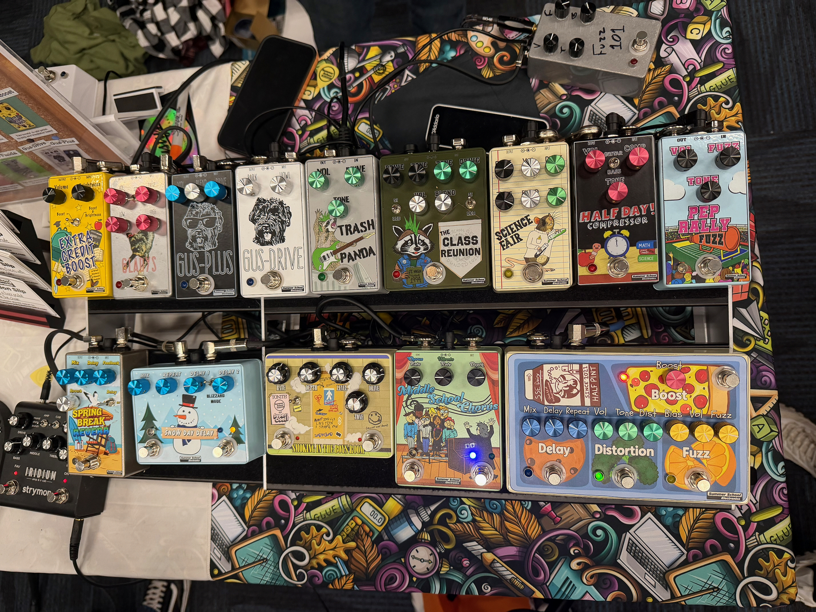 Pedalboard by equipboard featuring Summer School Electronics School Lunch Multi-Effect, Summer School Electronics Middle School Chorus, and Summer School Electronics Smoking In The Boys Room and 11 more pieces of gear