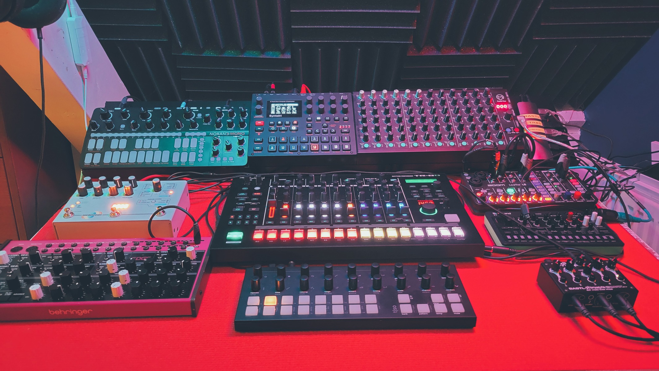 Electronic Studio Setup by jayk76 featuring Torso Electronics T1 Algorithmic Sequencer, Bastl Instruments Bestie, and Hologram Electronics Microcosm and 5 more pieces of gear