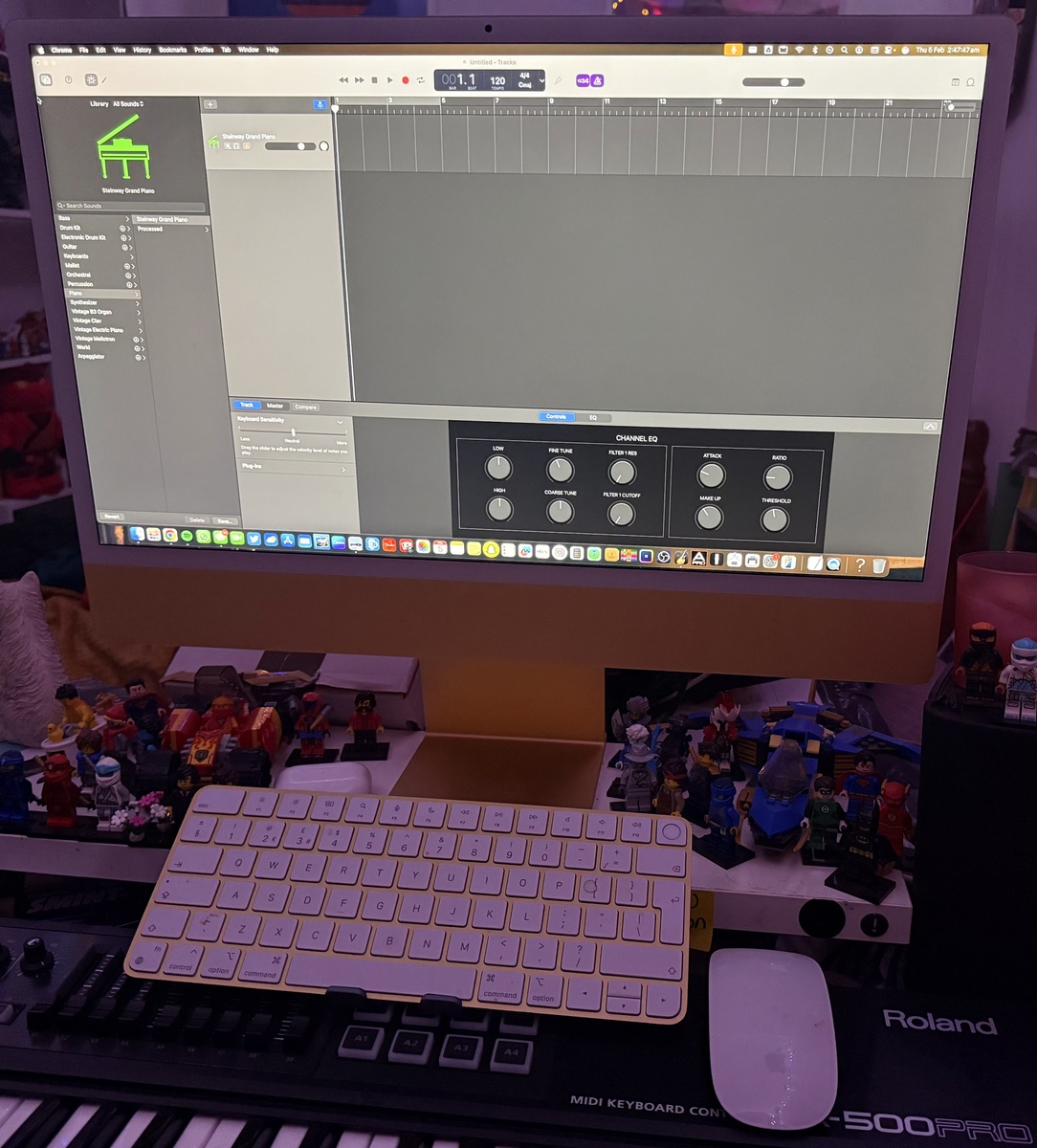 Electronic Studio Setup by jdmattinson featuring Apple iMac (General), Roland A-500PRO, and Apple AirPods Pro and 3 more pieces of gear