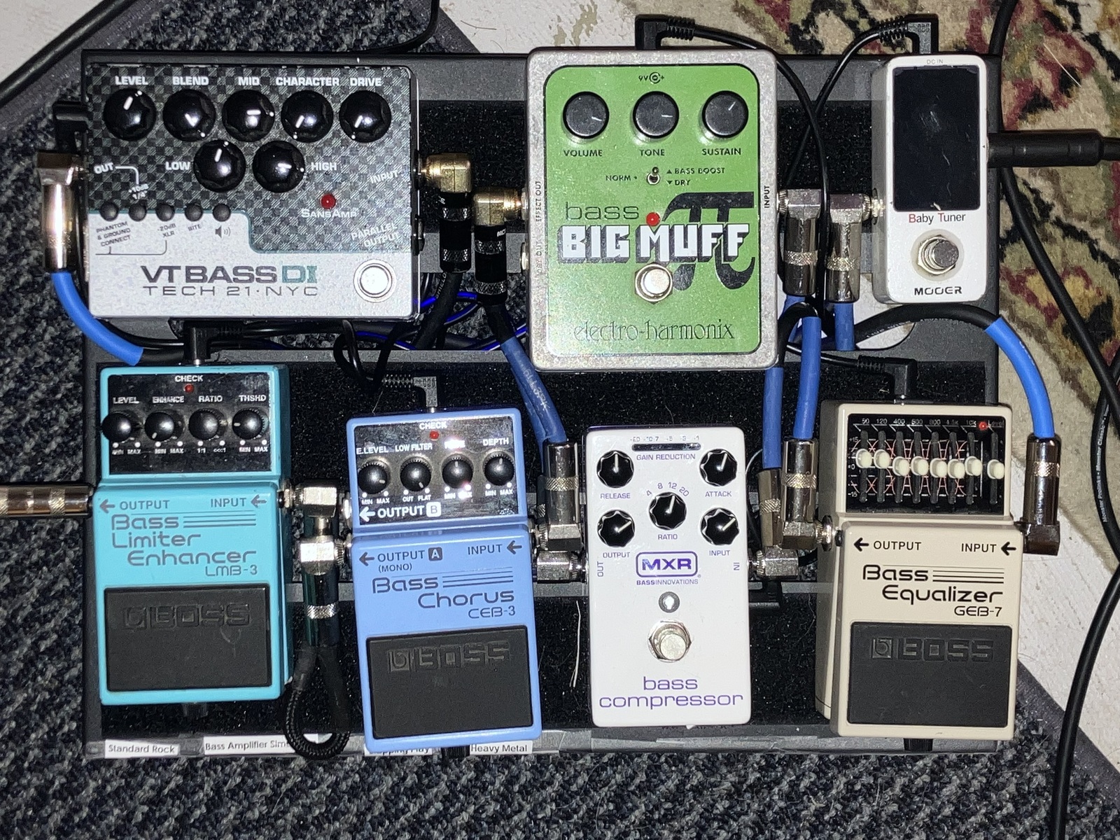 Metal Pedalboard by jackgooginss featuring Mooer Baby Tuner, Electro-Harmonix Bass Big Muff Pi Fuzz, and Tech 21 VT Bass DI and 6 more pieces of gear