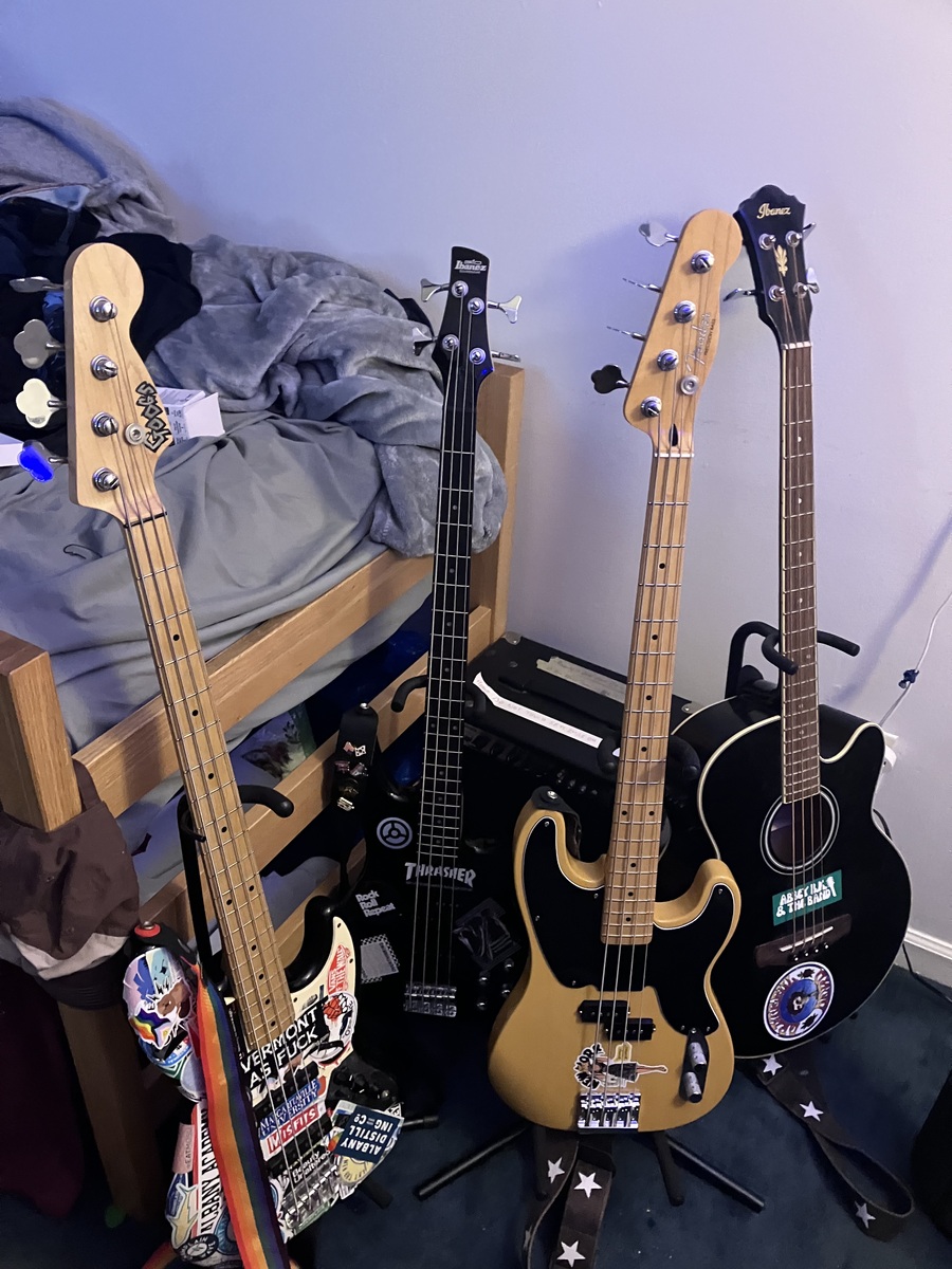 Ibanez Music Gear Setup by jackgooginss featuring Squier Jazz Affinity, Fender Telecaster Bass, and Ibanez AEB8E Acoustic Bass and 1 more piece of gear