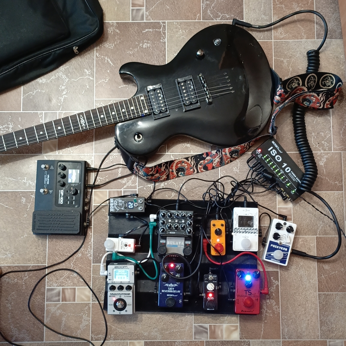 Pedalboard by glebdidntlaugh featuring Ammoon Pockverb 7 Reverb Effects + 7 Delay Effects With Tap Tempo Function True Bypass, Caline tuner power, and Mooer Yellow Comp and 9 more pieces of gear