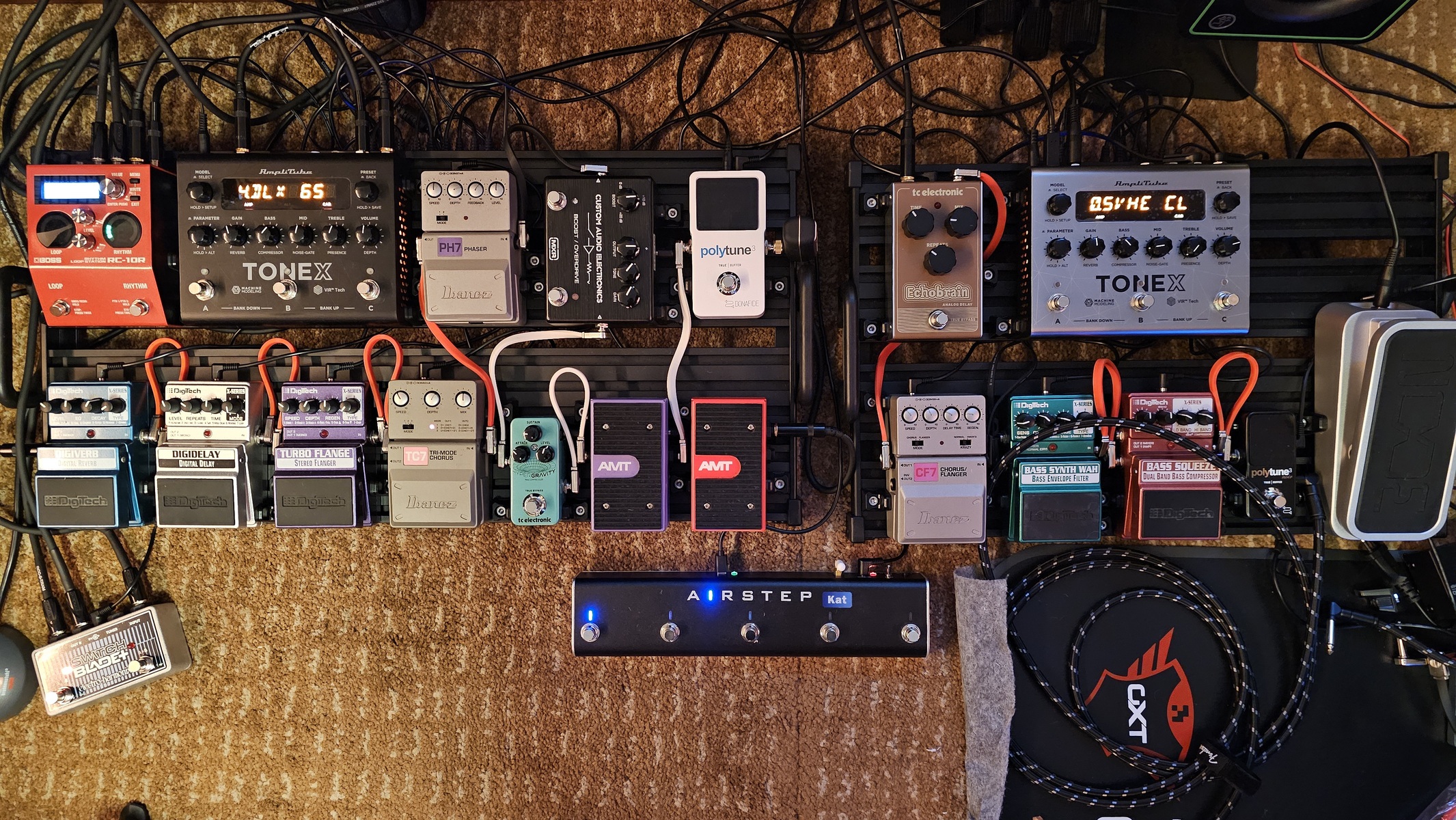 Pedalboard by luis_dj featuring IK Multimedia TONEX, IK Multimedia TONEX Pedal Bass Edition Amplifier/Cabinet/Pedal Modeler, and MXR MC402 CAE Boost / Overdrive and 20 more pieces of gear